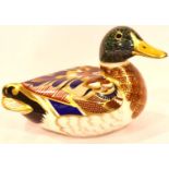 Royal Crown Derby Mallard Duck, silver stopper, L: 14 cm. No cracks, chips or visible restoration.
