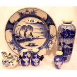 An 18th century tin glazed plate, later Oriental vases, largest H: 25 cm and a blue over white