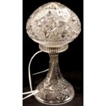 An early 20th century cut glass Mushroom form table lamp with glass shade, H: 31 cm. Not available