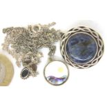 925 silver agate set brooch, sapphire set pendant on chain and a Maui shell pendant on chain. P&P