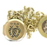 9ct gold pendant locket set with seed pearls in joined hearts on a 9ct gold chain, combined 7.8g.