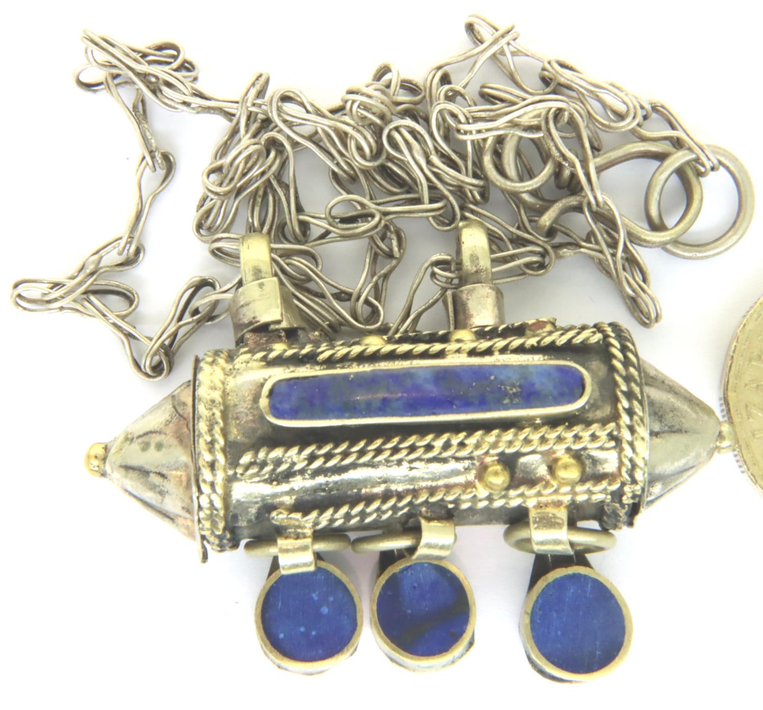 Turkish white metal lapis lazuli set note carrier on chain. P&P Group 1 (£14+VAT for the first lot