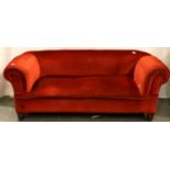 An early 20th century drop-end sofa, upholstered in red velour withy mahogany frame, 175 x 80 x 65