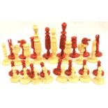 19th century complete turned bone/ivory chess set of white and stained red. King H: 65 mm. P&P Group