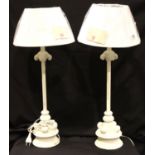 Pair of modern painted metal table lamps with new white shades, European plug, each H: 70 cm (