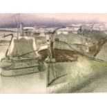 Gordon Miles; limited edition etching workboats at Brunston, signed, 58 x 40 cm. Not available for