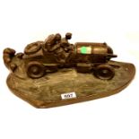 Spelter desk top model of a vintage racing car with driver and passenger, L: 38 cm. Not available