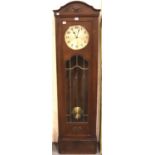 An early 20th century German oak longcase clock, H: 197 cm, not working at lotting. Not available