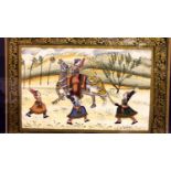 Framed Indian Mughal painting of a tiger hunt, 25 x 18 cm. P&P Group 3 (£25+VAT for the first lot