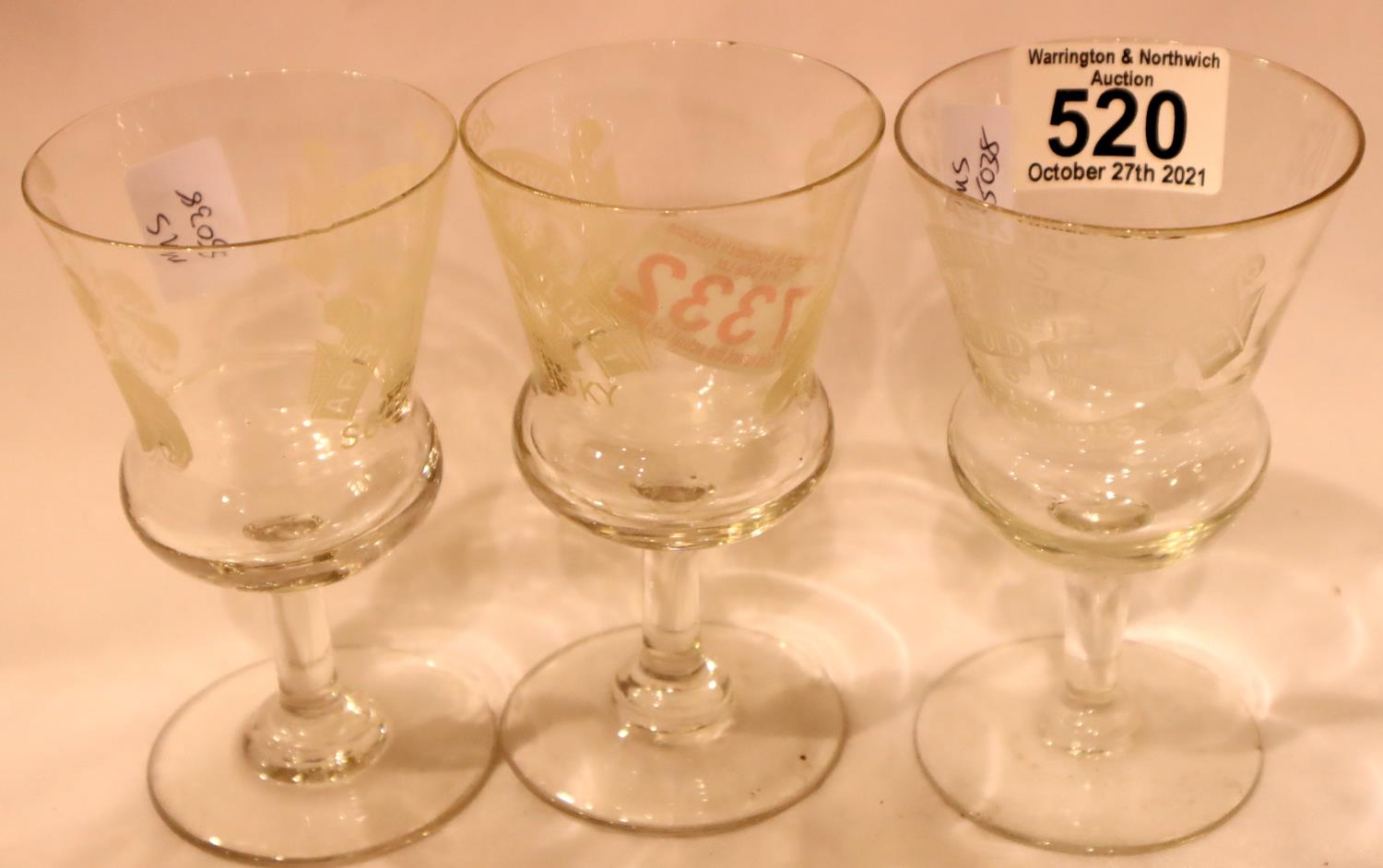 Set of three Thistle shape Arrowsmiths Glenlivet advertising whisky glasses. Not available for in-