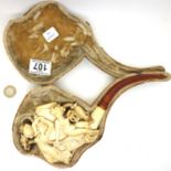 19th Century oversized carved Meerschaum pipe, decorated with maidens and putti, amber mouthpiece (