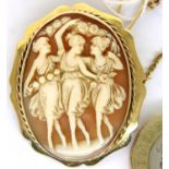 9ct gold bound cameo brooch, displaying the Three Graces, overall 35 x 30mm, 7.7g. P&P Group 1 (£