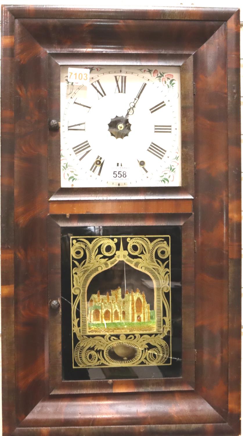 Seven day American Jerome & Co chiming wall clock in working order with key and pendulum, 76 x 43