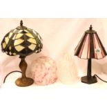 Two Tiffany style table lamps and two vintage glass shades. Not available for in-house P&P,