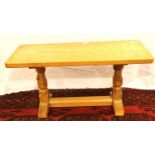 Robert Mouseman Thompson; 1970s carved coffee table with plannished top, 91 X 39. Not available