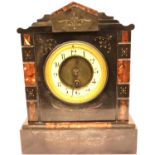 A Victorian slate and marble cased mantel clock with enamelled chapter ring, H: 30 cm. Not working