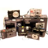 Collection of digital and film cameras including Panasonic, Canon, Olympus & Rollei, some boxed. P&P