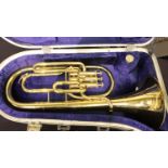 Boosey and Hawks cased brass tenor horn, no apparent dents or damages, valves are sticking. Not