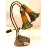 Bronzed table lamp with twin coloured glass shades, H: 40 cm. Not available for in-house P&P,