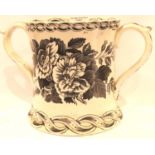 19th Century Staffordshire ceramic Loving cup of large proportions, The interior with four frogs, H: