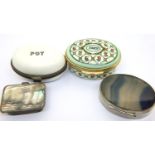 Halcyon days 1989 enamelled pill box, and three further pill boxes including a 925 silver example.