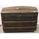 19th century dome top travel trunk, later raised on castors, 91 x 52 x 70 cm H. Not available for