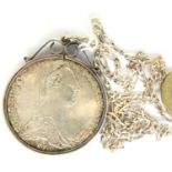 Silver Maria Thaler pendant necklace, Pendant size D: 40 mm. Chain L: 62 cm, 40g. P&P Group 1 (£14+