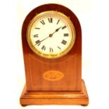 Edwardian inlaid mahogany dome top table clock with French movement, no key, H: 23 cm. Not working