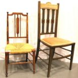Two Edwardian inlaid parlour chairs, largest H: 95 cm. Not available for in-house P&P, contact