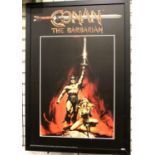 1984 framed poster of Conan The Barbarian, 80 x 120 cm. Not available for in-house P&P, contact Paul