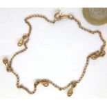 Turkish yellow metal ankle chain, 2.7g. L: 24 cm. P&P Group 1 (£14+VAT for the first lot and £1+