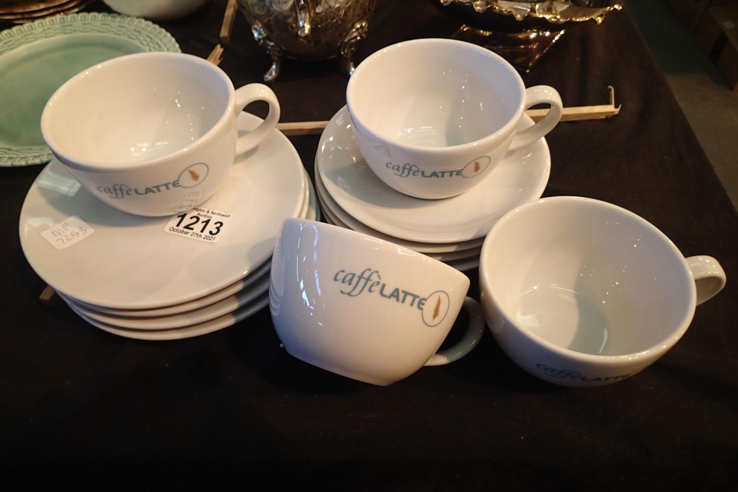 Set of four cafe latte cups, saucers and cake plates. Not available for in-house P&P, contact Paul