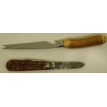Antler handled twin blade Sheffield folding knife and a further knife. Not available for in-house
