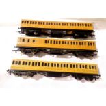 Three OO scale LNER teak suburban coaches, x2 composite and x1 brake end. Very good - excellent