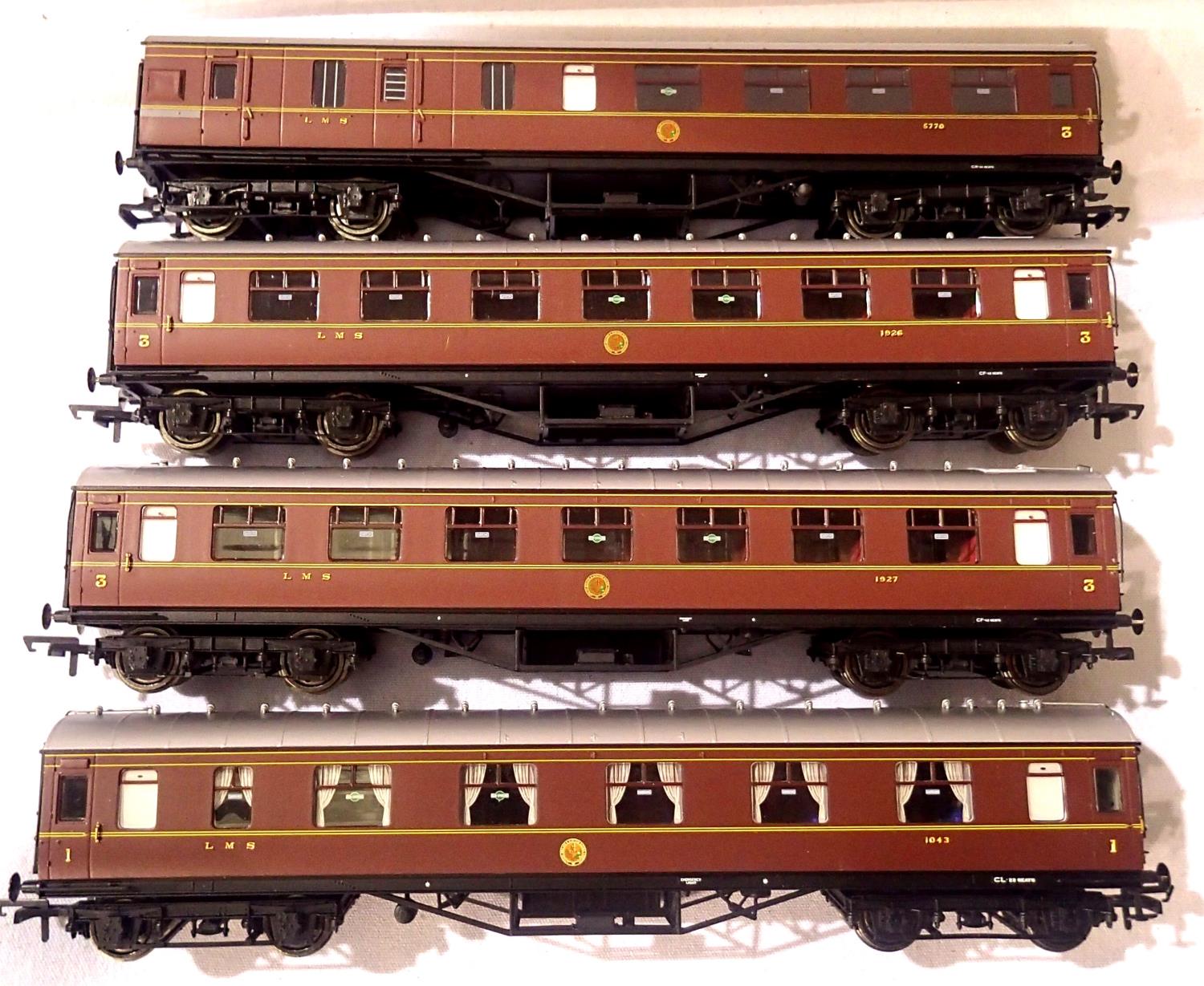 Four OO scale Hornby LMS maroon coaches; x1 all 1st class, x1 brake end, x2 all 3rd class. Very good