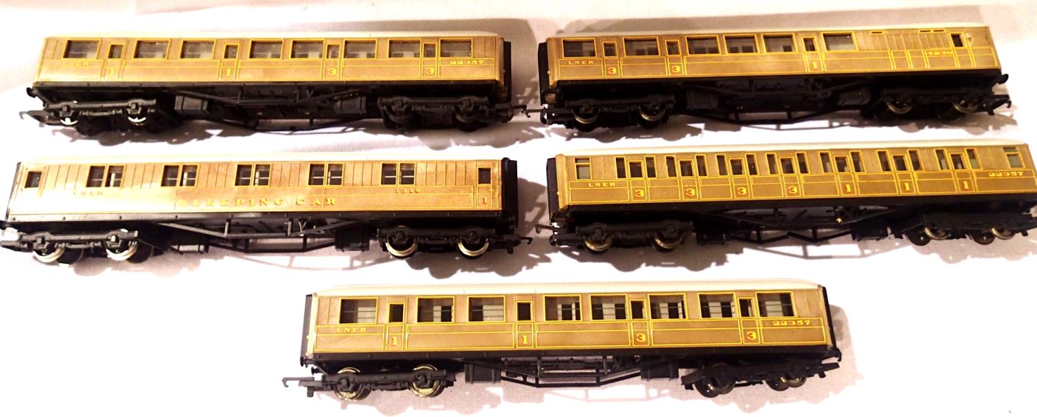 Five Hornby OO scale teak, LNER coaches; sleeping car, x3 3rd/1st class brake end. All in very
