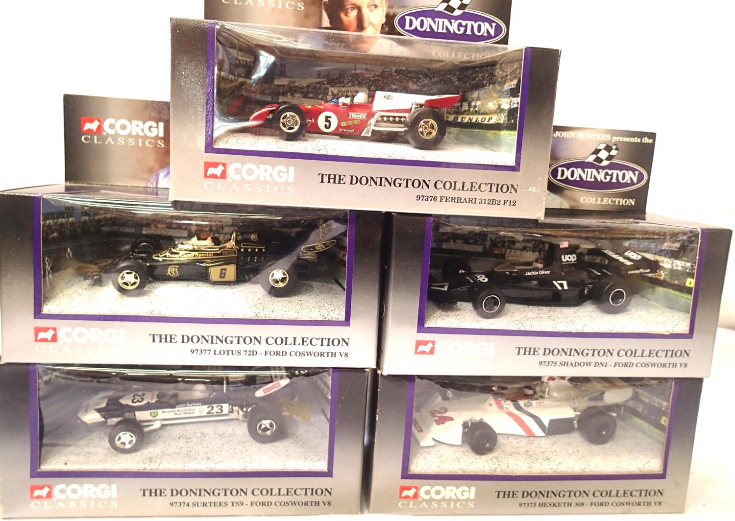 Five Corgi Donnington Collection F1 cars, 97373, 97374, 97375, 97376, 97377, all in excellent