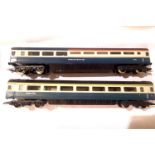 Two Hornby Intercity 125 blue/grey coaches, 1st class and restaurant buffet. One coupling missing