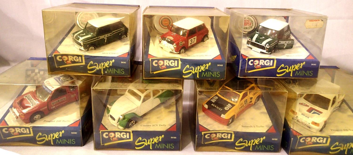 Seven Corgi Super Minis; two Peugeot 205 Turbo, Citroen Dolly, Renault 5 Turbo, two Mini Cooper,