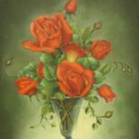 Oil on board still life of Roses signed Liscard, 45 x 39 cm. Not available for in-house P&P, contact