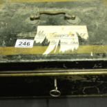 A Victorian tin deed box with key, 39 x 28 x 15 cm H. P&P Group 2 (£18+VAT for the first lot and £