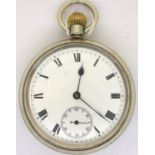 Omega; a silver plated crown wind pocket watch with screw back, the enamel dial with Roman