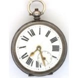 925 silver key wind open face pocket watch with secondary seconds dial, D: 55 mm, not working. P&P