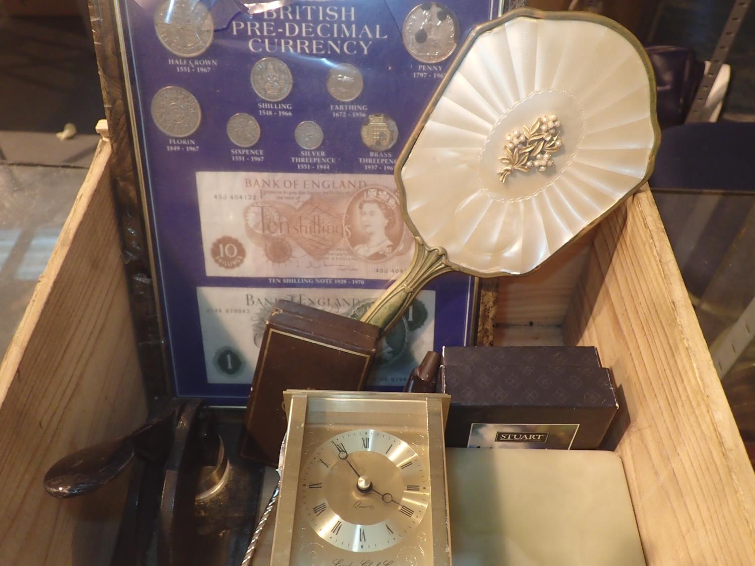 Collectables to include a framed pre decimal currency display, boxed Colibri lighter, paper
