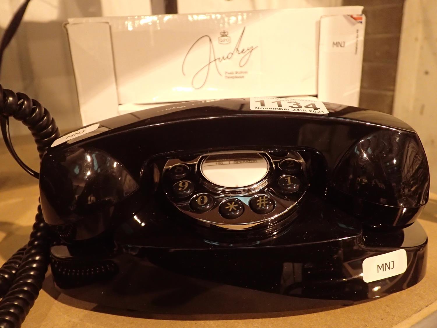 Black Audrey, GPO retro push button telephone replica of the 1970s classic, compatible with modern