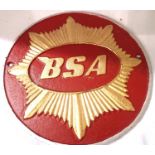 Cast iron B.S.A red and gold sign, D: 24 cm. P&P Group 1 (£14+VAT for the first lot and £1+VAT for