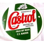 Cast iron Castrol TT Races sign, D: 23 cm. P&P Group 1 (£14+VAT for the first lot and £1+VAT for