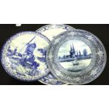 Three large blue and white Delft chargers, largest D: 40 cm. P&P Group 3 (£25+VAT for the first