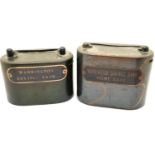Two vintage Warrington Saving Bank savings boxes. P&P Group 1 (£14+VAT for the first lot and £1+