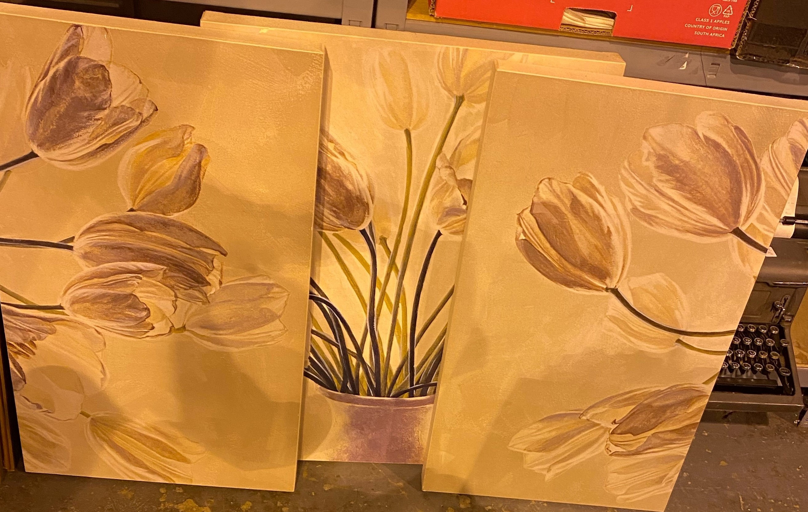 Large canvas tulip triptych. Not available for in-house P&P, contact Paul O'Hea at Mailboxes on
